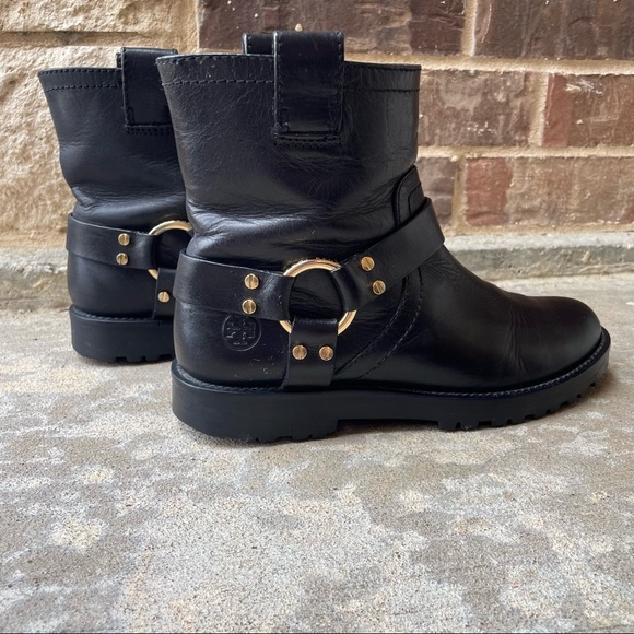 Rare Tory Burch Moto Boot Black Gold Leather Ronnie Biker Lug Sole Womens 7.5 - Picture 13 of 14